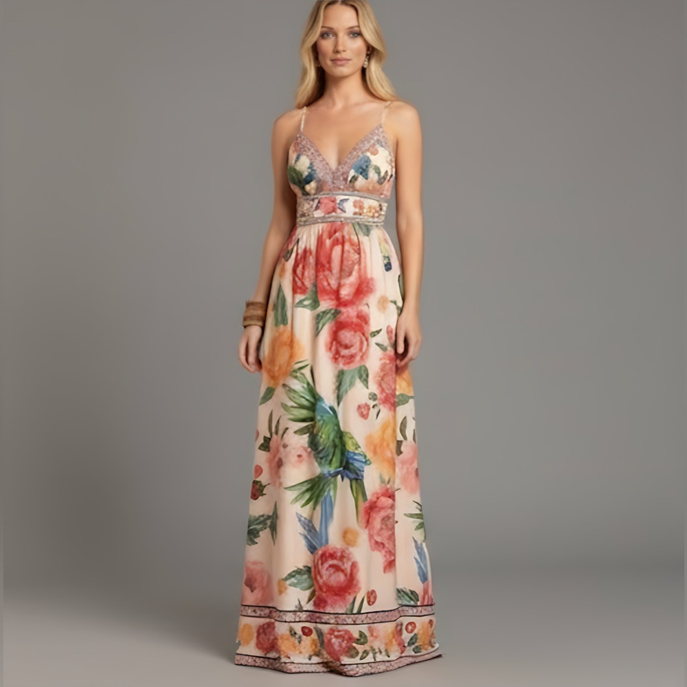 Boho Floral Print V-Neck Maxi Dress - Picture 3 of 10